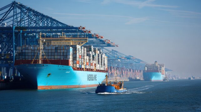Fototapeta Container ships rest at the busy port as a small tugboat navigates the calm water.