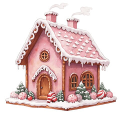 Cute Pink Gingerbread  Candy House, Watercolor Gingerbread House with Sweets and Christmas Decorations
