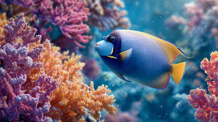Fototapeta premium Colorful fish swimming among vibrant coral reef in clear ocean waters