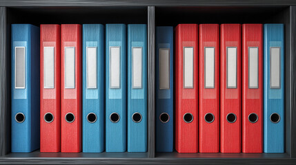 Colorful folders organized neatly on a black shelf in an office