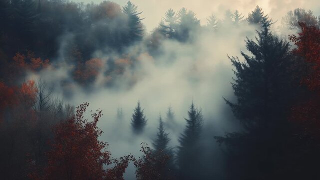In a foggy forest, tall evergreen trees and vibrant autumn leaves create a captivating scene. The fog surrounds the evergreen trees, enhancing the mysterious atmosphere of the fore