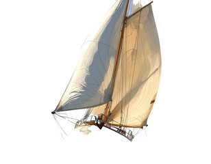 Dynamic Sailing Yacht with Billowing Sails in Motion, Angled Front View, Transparent