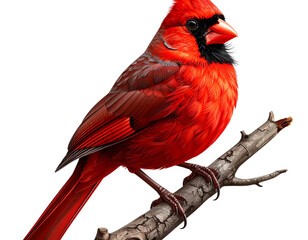 Majestic Red Cardinal Bird Perched on Branch, Side View, Realistic Feathers, Isolated