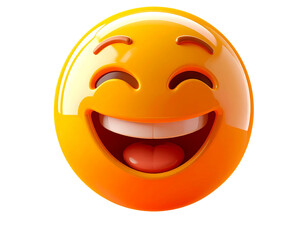 Glossy 3D Laughing Emoji Icon, Front View, Floating on Orange Gradient, Isolated on T