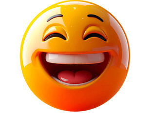 Glossy 3D Laughing Emoji Icon, Front View, Floating on Orange Gradient, Isolated on T