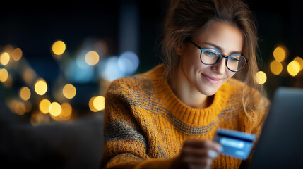 Faceless young woman with credit card shopping over laptop while sitting at home, online shopping convenience, e-commerce participation, home purchasing comfort, internet retail br