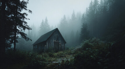 Silent wooden cabin surrounded by misty forest at dawn