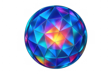 Iridescent crystal orb with geometric facets showing vibrant spectrum colors on transparent background