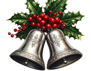 Vintage Silver Christmas Bells with Holly Berries, Top-Down Arrangement, Realistic Sh 