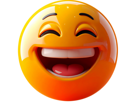 Glossy 3D Laughing Emoji Icon, Front View, Floating on Orange Gradient, Isolated on T