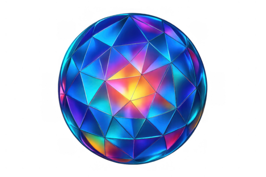 Iridescent crystal orb with geometric facets showing vibrant spectrum colors on transparent background