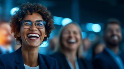 Fototapeta premium Group of faceless diverse businesspeople laughing together joyfully in office meeting, workplace joy expression, team bonding moment, professional happiness sharing, office camarad