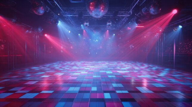 A lively dance floor is aglow with colorful lights inviting guests to celebrate and dance joyfully.