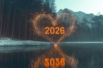 Heart-shaped sparkler light writing “2026” above calm lake with mountain reflection, New Year celebration.