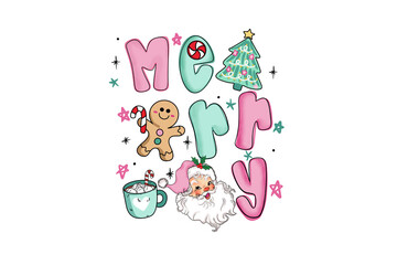 Merry Christmas lettering with gingerbread man, Santa Claus, Christmas tree Elements Doodle Illustration Sublimation design