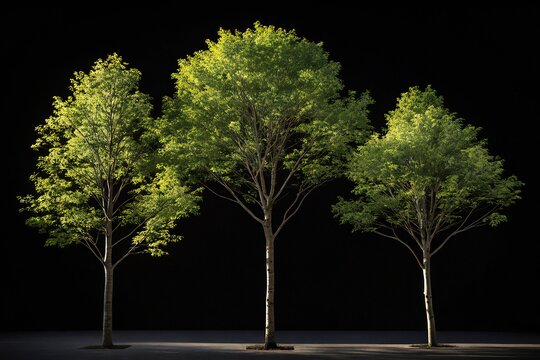 Three deciduous trees illuminated against a dark background