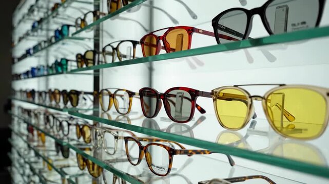 Many different glasses displayed on a shelf. Variety of eyewear for vision correction and fashion. Optician retail store concept.