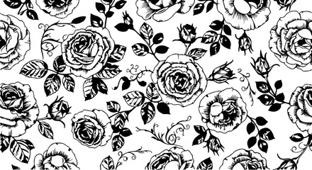 Seamless Hand-Drawn Rose Pattern in Vintage Botanical Style

Black and White Rose Flower Illustration Seamless Background

Floral Line Art Pattern with Roses and Leaves