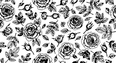 Seamless Hand-Drawn Rose Pattern in Vintage Botanical Style

Black and White Rose Flower Illustration Seamless Background

Floral Line Art Pattern with Roses and Leaves