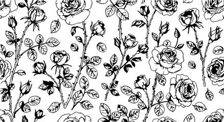 Seamless Hand-Drawn Rose Pattern in Vintage Botanical Style

Black and White Rose Flower Illustration Seamless Background

Floral Line Art Pattern with Roses and Leaves