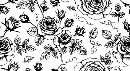 Seamless Hand-Drawn Rose Pattern in Vintage Botanical Style

Black and White Rose Flower Illustration Seamless Background

Floral Line Art Pattern with Roses and Leaves