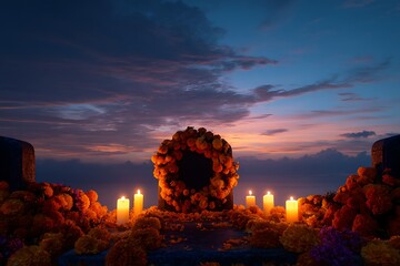 A serene twilight scene with glowing candles and vibrant marigold flowers, honoring a spiritual tradition and remembrance.