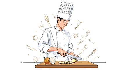 Chef Prepares Fresh Sliced Vegetables On A Wooden Cutting Board For Culinary Purposes