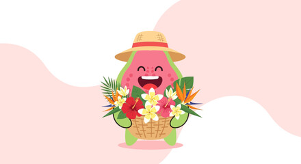 Naklejka premium Cheerful Papaya Character Wearing A Straw Hat And Carrying A Basket Of Blooming Flowers