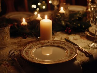 Elegant festive dinner setting with glowing candles, ornate china, and soft lighting creates a warm and inviting ambiance for a special occasion.