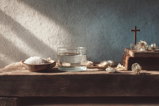A serene still life featuring a wooden cross, salt, and water, evoking a sense of peace and spiritual reflection.