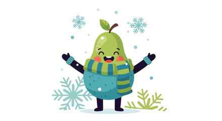 Cheerful Pear Character Welcoming Winter with Smiling Expression and Snowflakes Around