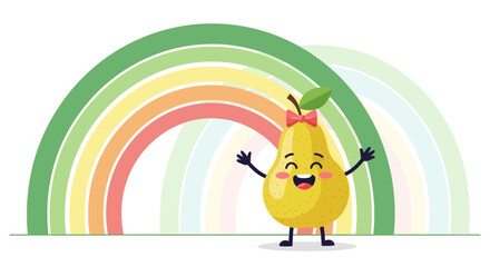 Cheerful Pear Character with Bow and Rainbow, Bright and Playful Illustration for Designs