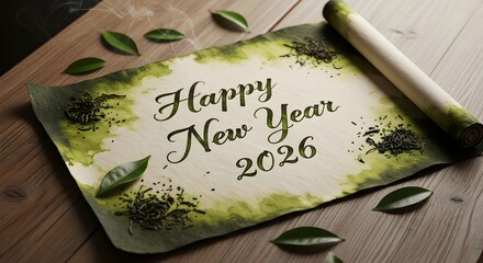 Happy new year 2026 message on aged parchment scroll