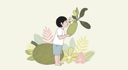 Child Admiring Jackfruit While Surrounded by Decorative Artistic Flora in Illustration