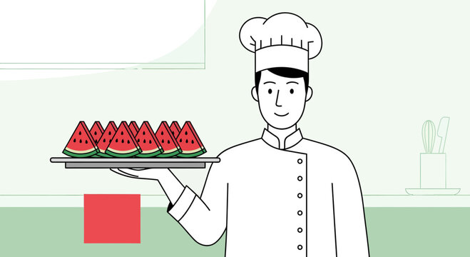 chef holding watermelon slices on tray clip art preview