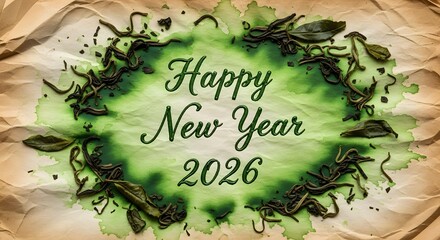 Happy new year 2026 festive wreath on aged parchment paper background