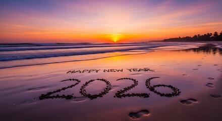 Happy new year 2026 written in sand on a tropical beach sunset