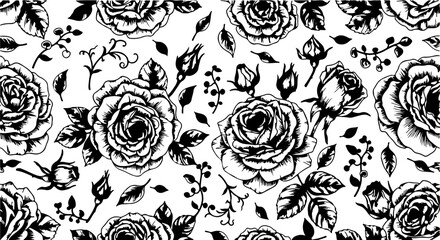 Seamless Hand-Drawn Rose Pattern in Vintage Botanical Style

Black and White Rose Flower Illustration Seamless Background

Floral Line Art Pattern with Roses and Leaves