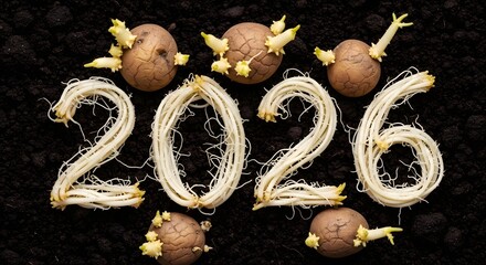 Sprouting potatoes form the year 2026 on dark soil