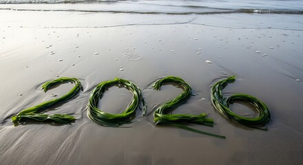 New year 2026 written in seaweed on a sandy beach