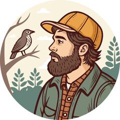 Bearded Man with Cap Observing a Bird in Nature – Outdoor Adventure Illustration