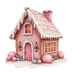 Cute Pink Gingerbread  Candy House, Watercolor Gingerbread House with Sweets and Christmas Decorations