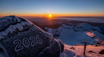 Snowy mountain peak at sunrise with the year 2026 carved in rock