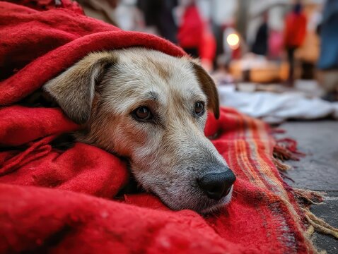 A tired dog rests, wrapped snugly in a vibrant red blanket. Peaceful expression and cozy vibes encapsulate the comfort and simple pleasures.