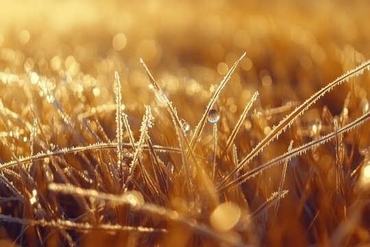 Dew drops on golden grass glowing in sunrise light, close-up macro nature background.