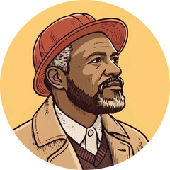 Portrait of Bearded Man in Hat Looking Up – Vintage Character Illustration