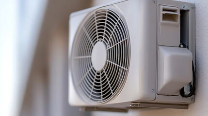 Exterior shot of a modern climate control system mounted on a building's exterior wall, showcasing its sleek design and efficient functionality.