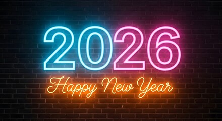Bright neon 2026 happy new year sign on brick wall