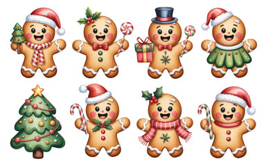 Obraz premium Cute gingerbread man and woman collection with christmas tree and candy canes isolated on transparent background