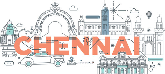 Typography word "Chennai" branding technology concept. Collection of flat vector web icons. Doodle culture travel set, famous architectures, specialties detailed silhouette. Indian famous landmark.